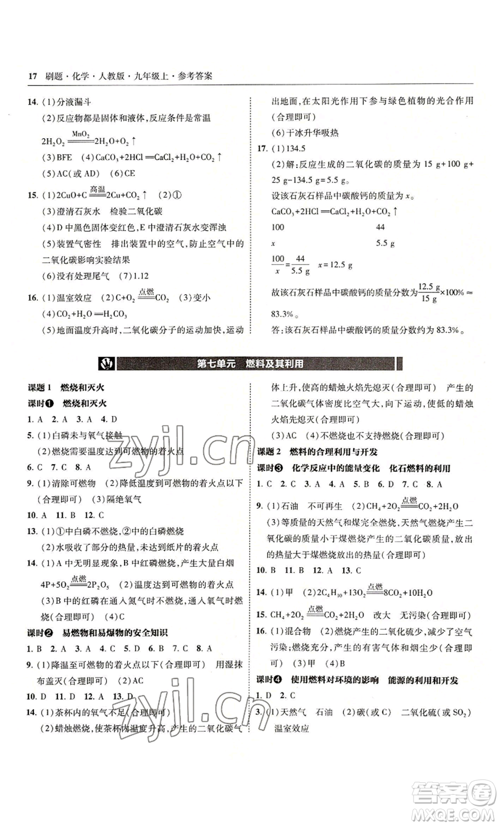 東北師范大學(xué)出版社2022北大綠卡刷題九年級(jí)上冊(cè)化學(xué)人教版參考答案