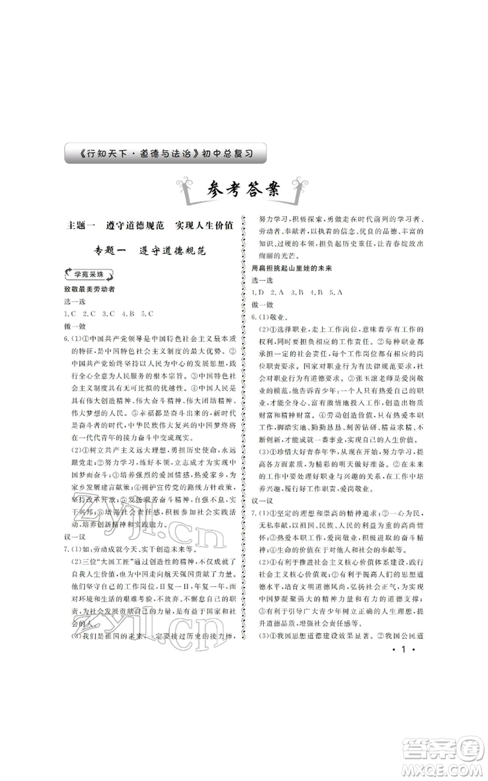 山東人民出版社2022初中卷行知天下初中總復習道德與法治人教版參考答案