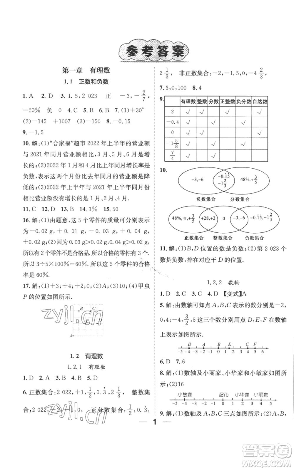 江西教育出版社2022精英新課堂三點分層作業(yè)七年級上冊數(shù)學人教版參考答案