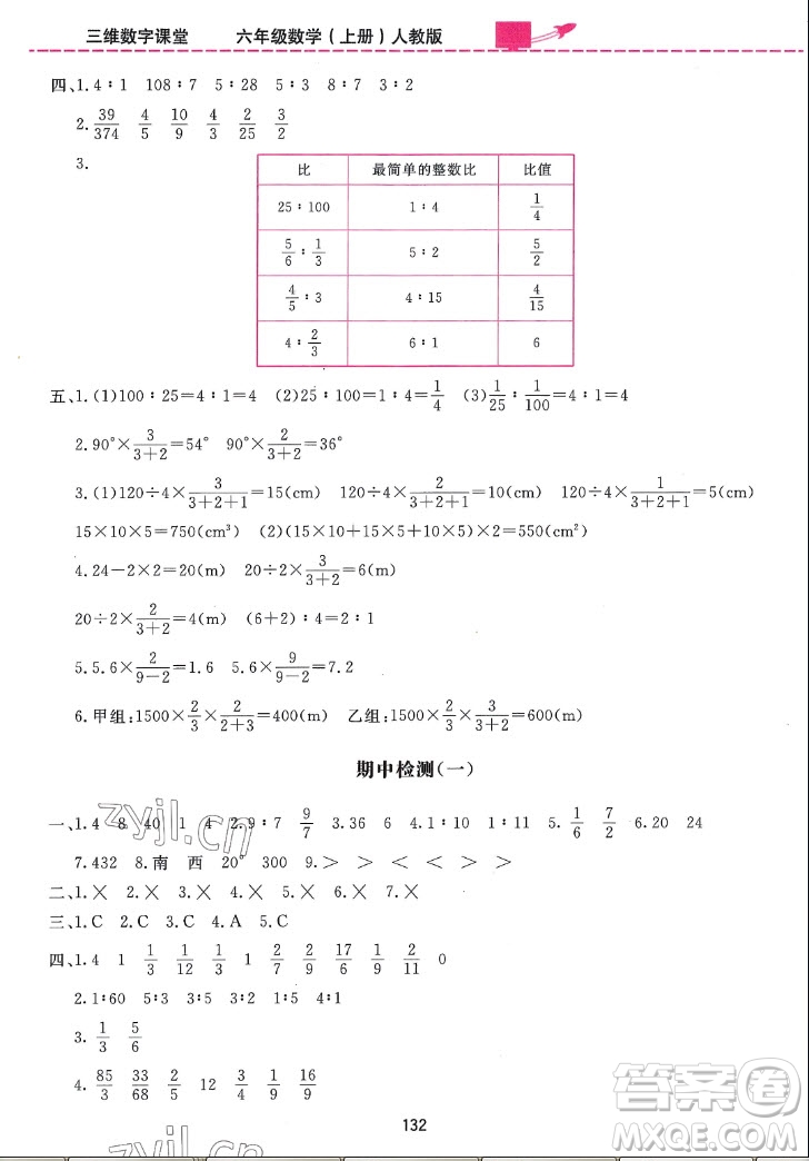 吉林教育出版社2022三維數(shù)字課堂數(shù)學(xué)六年級(jí)上冊(cè)人教版答案