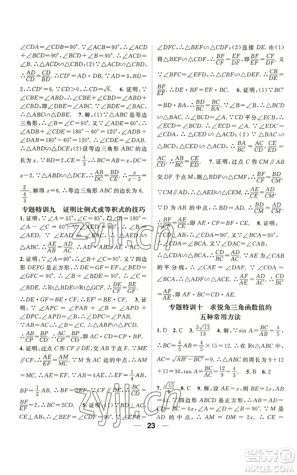 陽光出版社2022精英新課堂九年級(jí)上冊(cè)數(shù)學(xué)滬科版參考答案