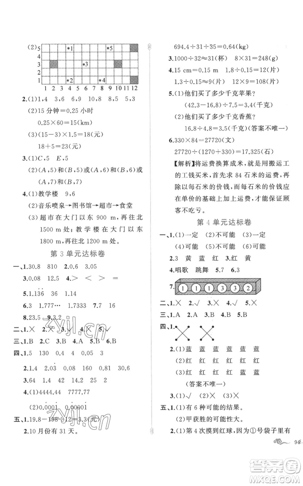 新疆青少年出版社2022黃岡金牌之路練闖考五年級上冊數(shù)學(xué)人教版參考答案