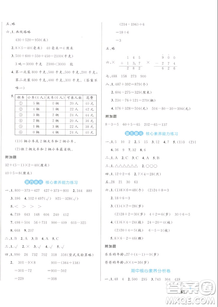 沈陽出版社2022秋黃岡名卷三年級(jí)上冊數(shù)學(xué)人教版參考答案