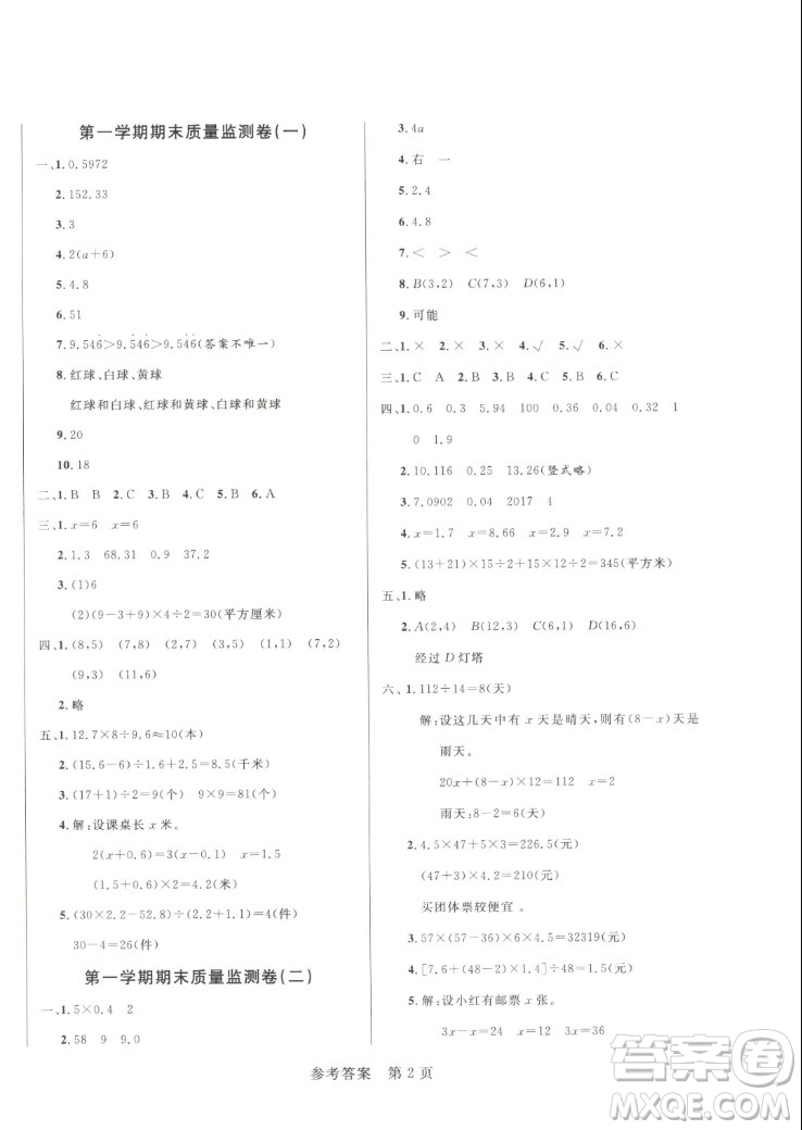 沈陽出版社2022秋黃岡名卷五年級上冊數(shù)學人教版參考答案