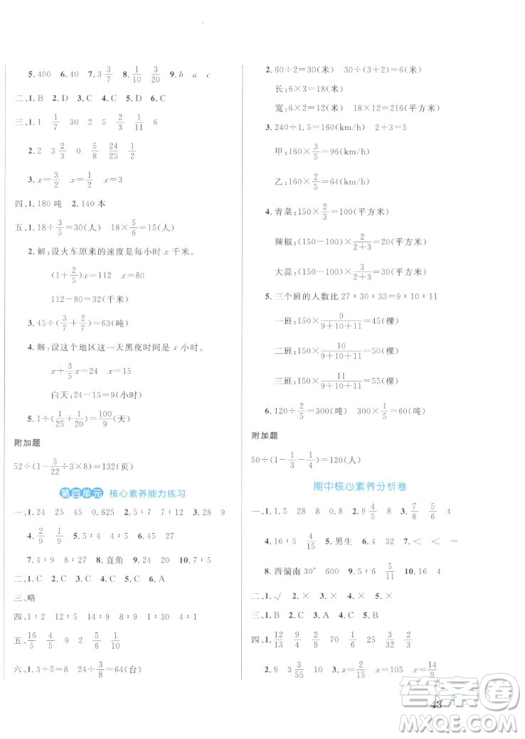 沈陽出版社2022秋黃岡名卷六年級(jí)上冊(cè)數(shù)學(xué)人教版參考答案