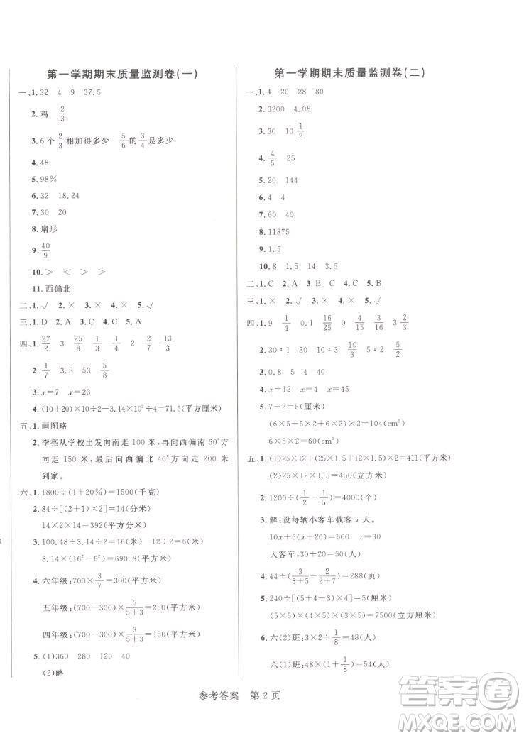 沈陽出版社2022秋黃岡名卷六年級(jí)上冊(cè)數(shù)學(xué)人教版參考答案