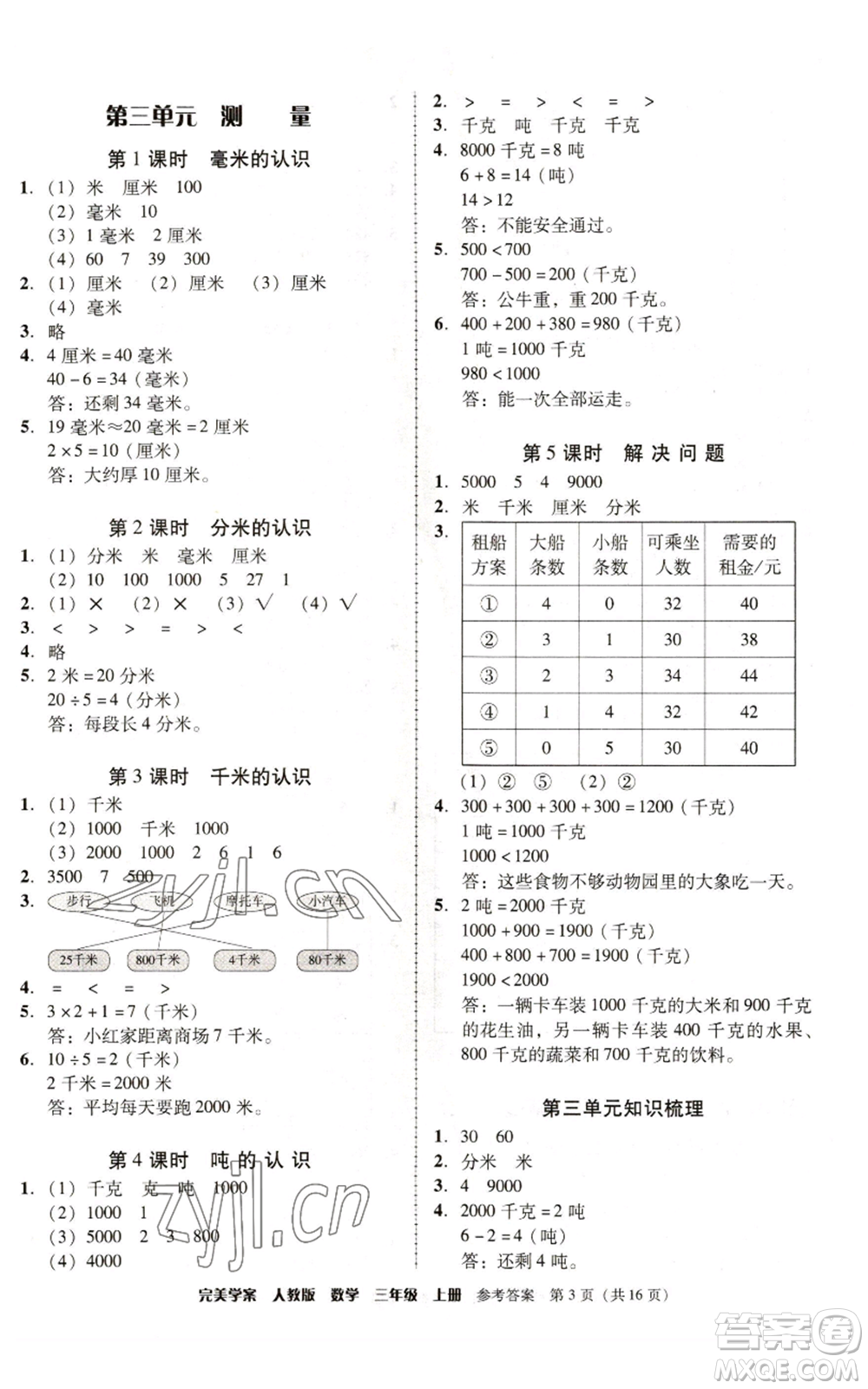 廣東人民出版社2022完美學案三年級上冊數(shù)學人教版參考答案