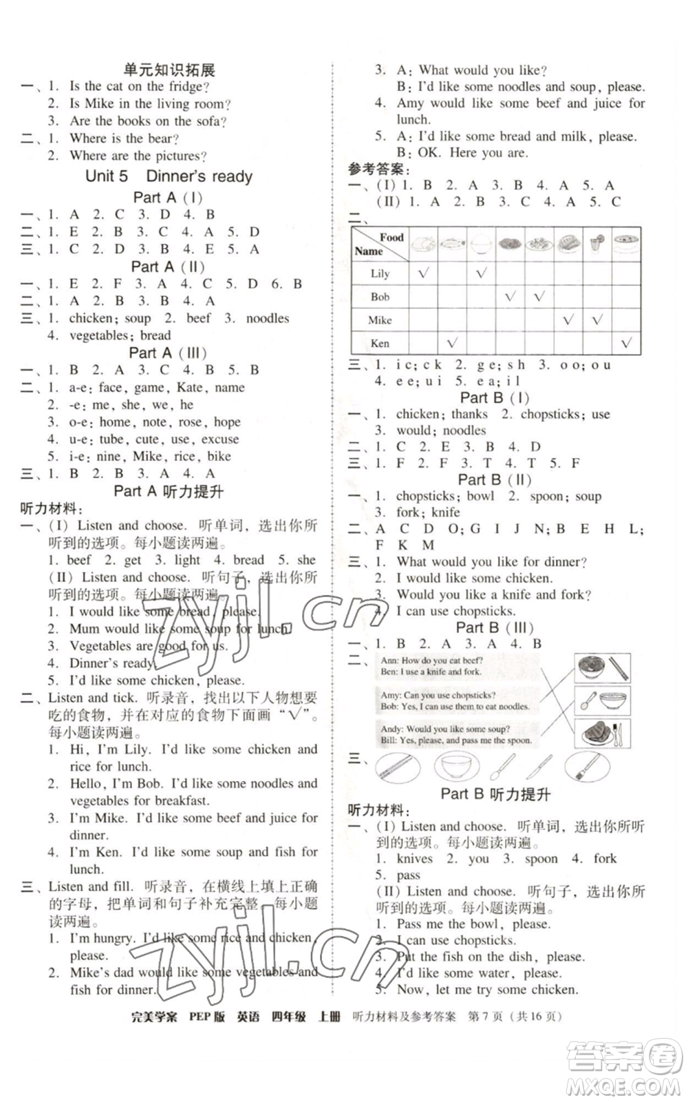 廣東人民出版社2022完美學(xué)案四年級(jí)上冊(cè)英語人教版參考答案