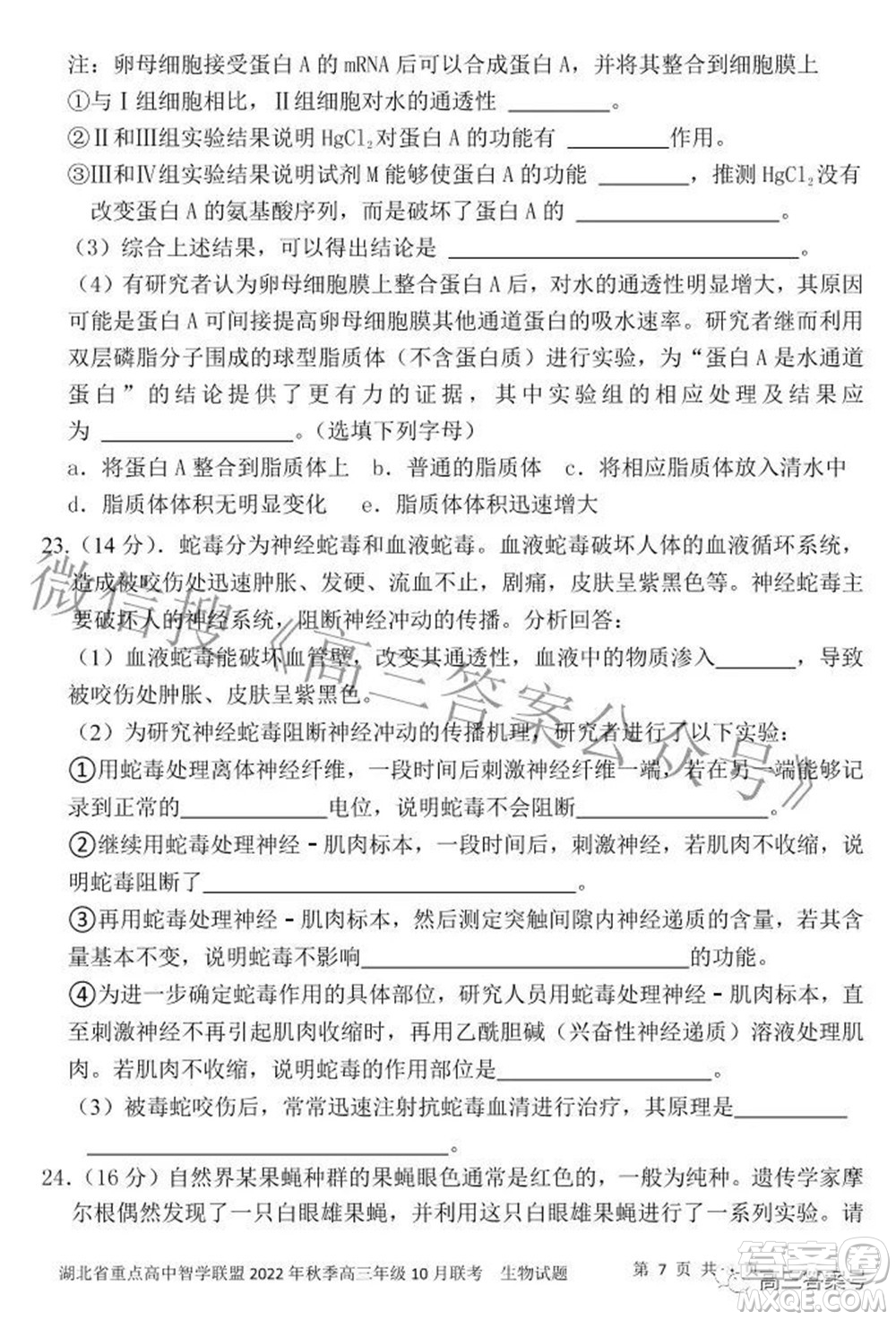 湖北省重點高中智學聯(lián)盟2022年秋季高三年級10月聯(lián)考生物試題及答案