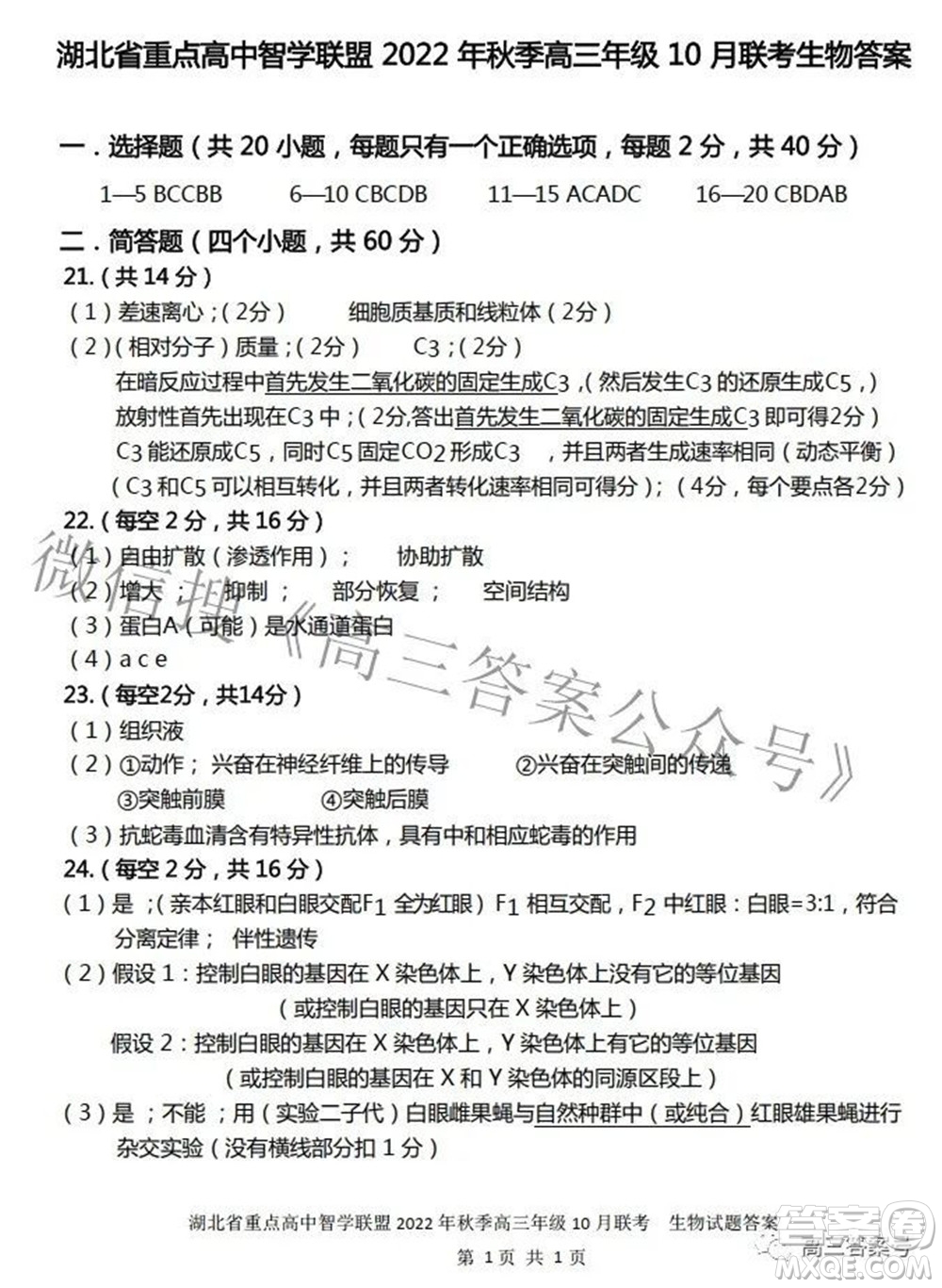 湖北省重點高中智學聯(lián)盟2022年秋季高三年級10月聯(lián)考生物試題及答案