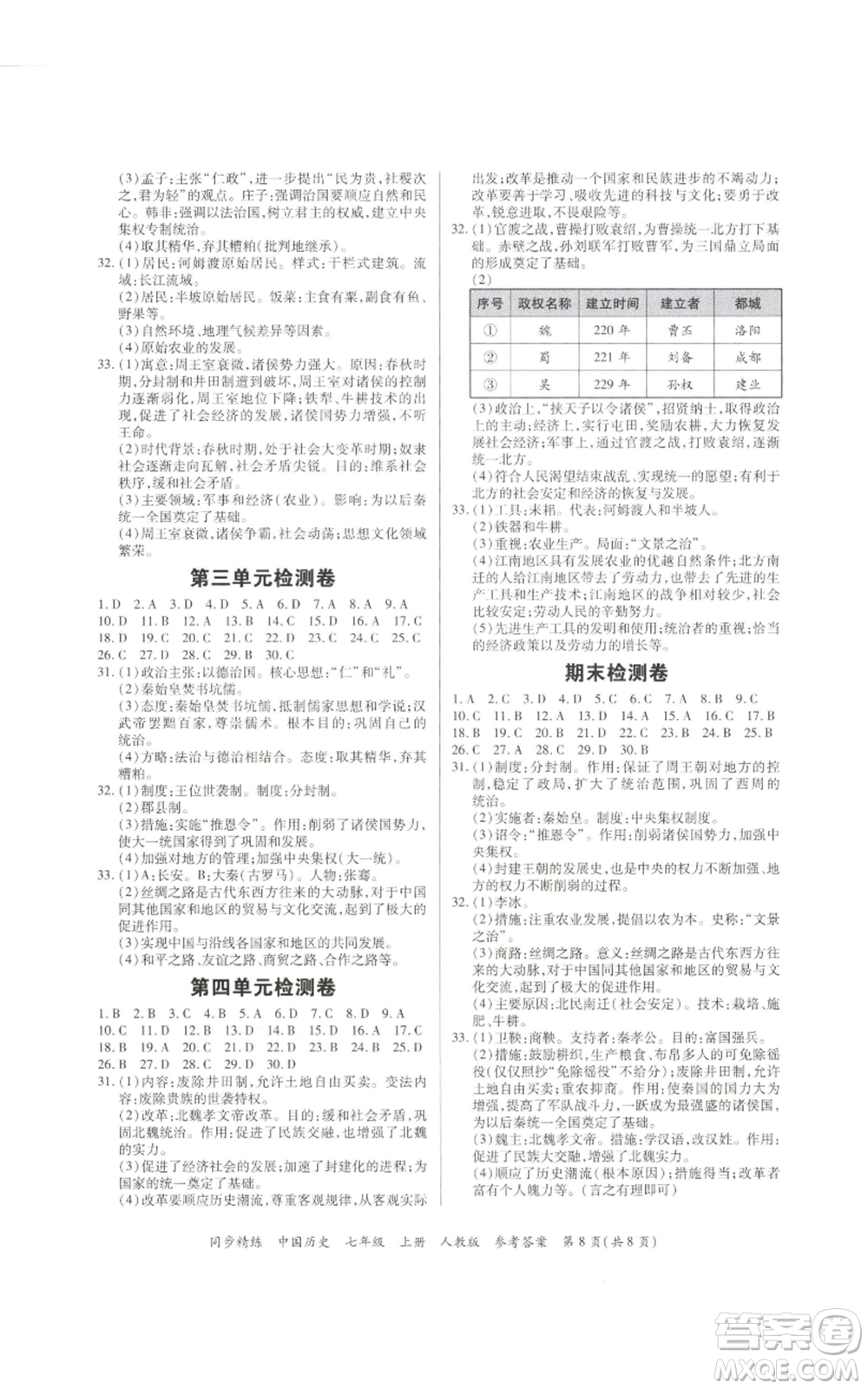廣東人民出版社2022同步精練七年級上冊中國歷史人教版參考答案