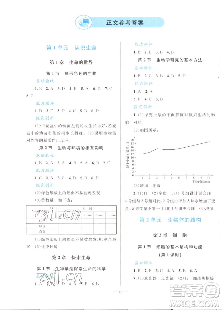 北京師范大學(xué)出版社2022秋課堂精練生物七年級(jí)上冊(cè)北師大版單色版答案