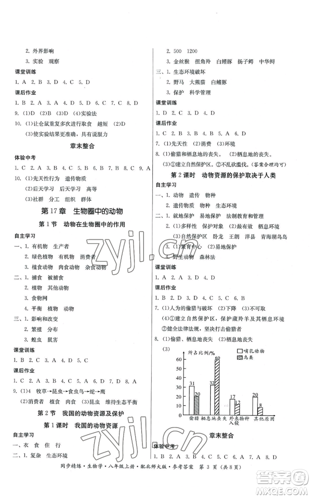 廣東人民出版社2022同步精練八年級上冊生物學(xué)北師大版參考答案