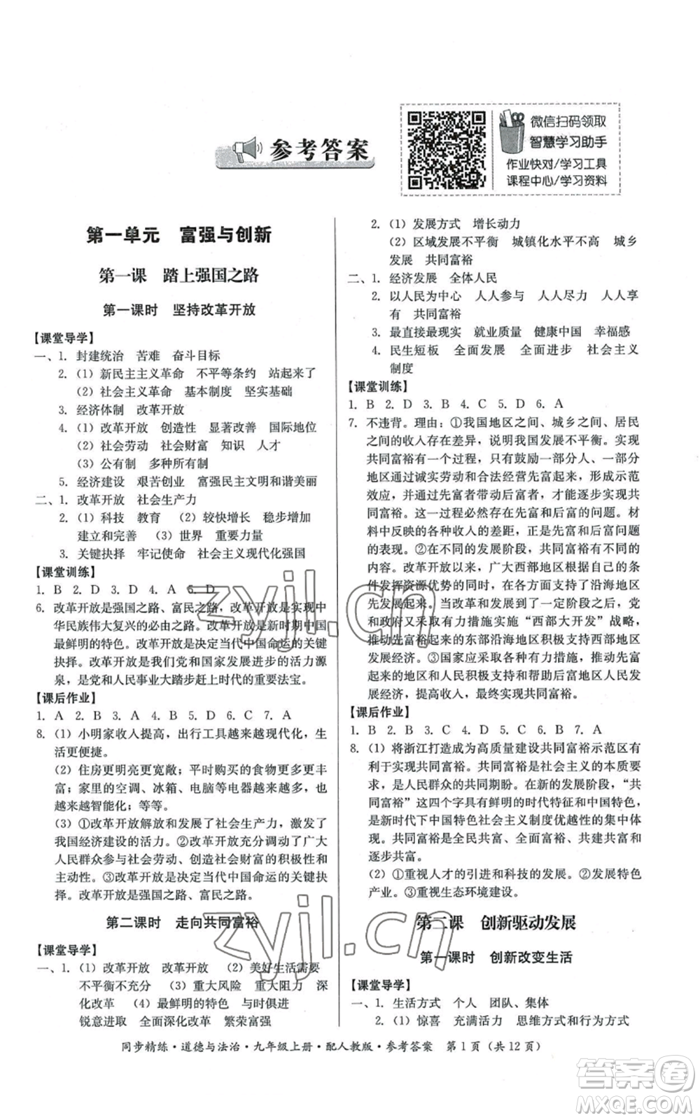 廣東人民出版社2022同步精練九年級(jí)上冊(cè)道德與法治人教版參考答案