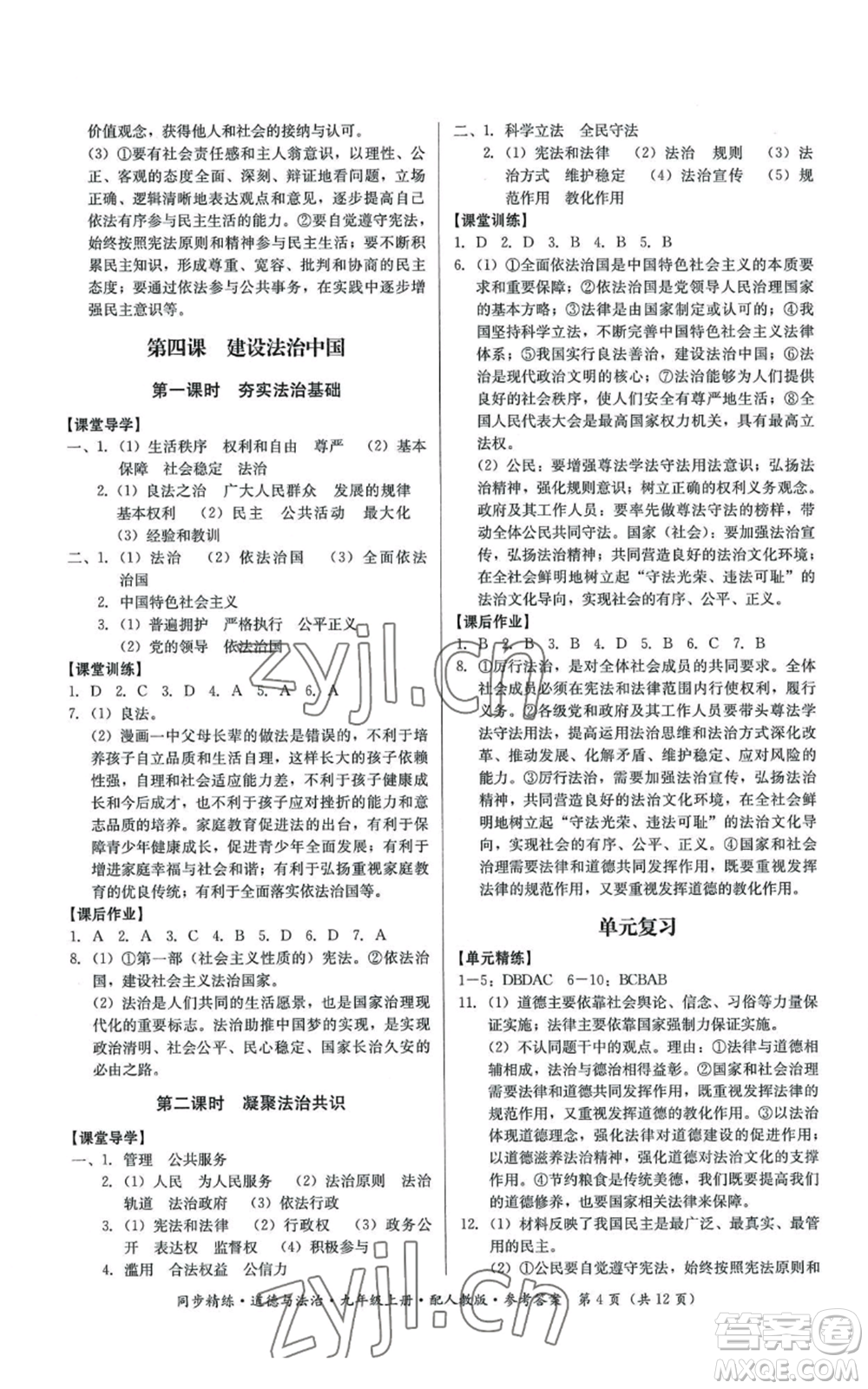 廣東人民出版社2022同步精練九年級(jí)上冊(cè)道德與法治人教版參考答案