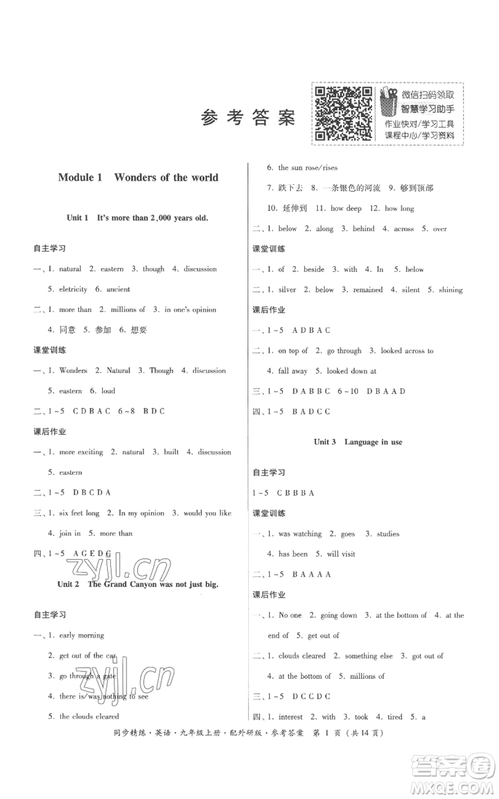 廣東人民出版社2022同步精練九年級(jí)上冊(cè)英語(yǔ)外研版參考答案