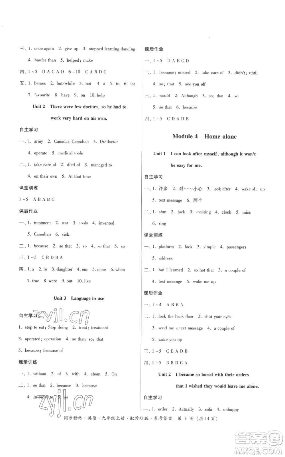 廣東人民出版社2022同步精練九年級(jí)上冊(cè)英語(yǔ)外研版參考答案