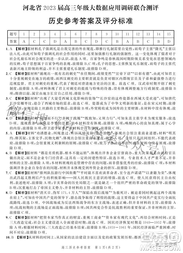 河北省2023屆高三年級(jí)大數(shù)據(jù)應(yīng)用調(diào)研聯(lián)合測(cè)評(píng)歷史試題及答案