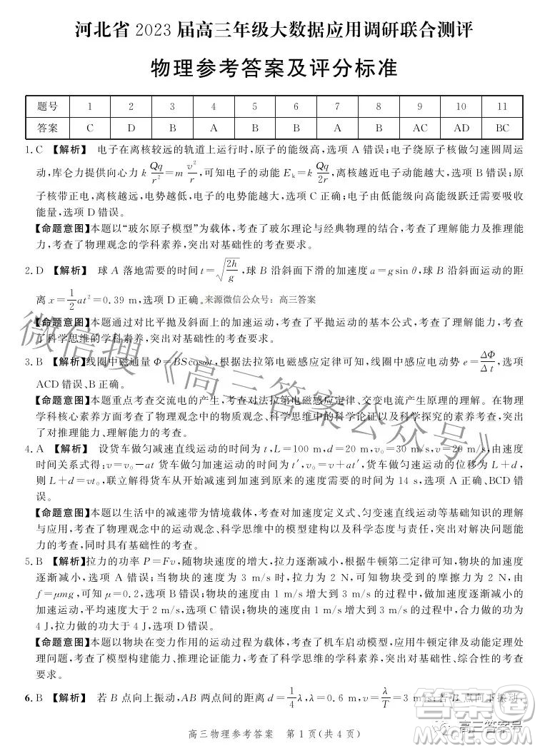 河北省2023屆高三年級(jí)大數(shù)據(jù)應(yīng)用調(diào)研聯(lián)合測(cè)評(píng)物理試題及答案