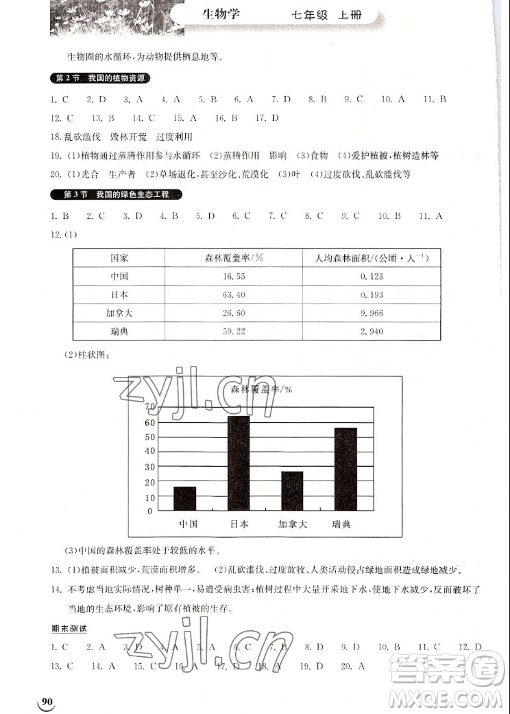 湖北教育出版社2022秋長江作業(yè)本同步練習(xí)冊生物學(xué)七年級上冊北師大版答案