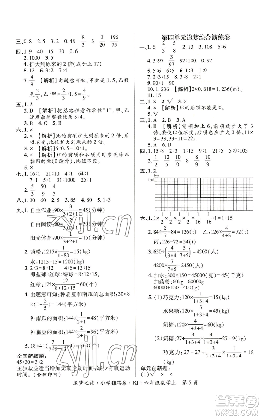 天津科學(xué)技術(shù)出版社2022追夢(mèng)之旅鋪路卷六年級(jí)上冊(cè)數(shù)學(xué)人教版河南專版參考答案