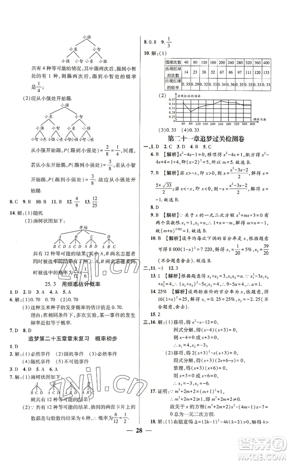 天津科學(xué)技術(shù)出版社2022追夢(mèng)之旅大先生九年級(jí)上冊(cè)數(shù)學(xué)人教版河南專版參考答案