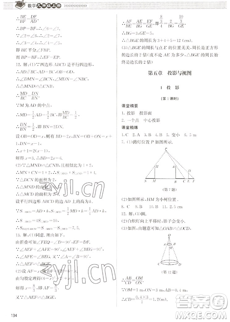北京師范大學(xué)出版社2022秋課堂精練數(shù)學(xué)九年級(jí)上冊(cè)北師大版江西專版答案