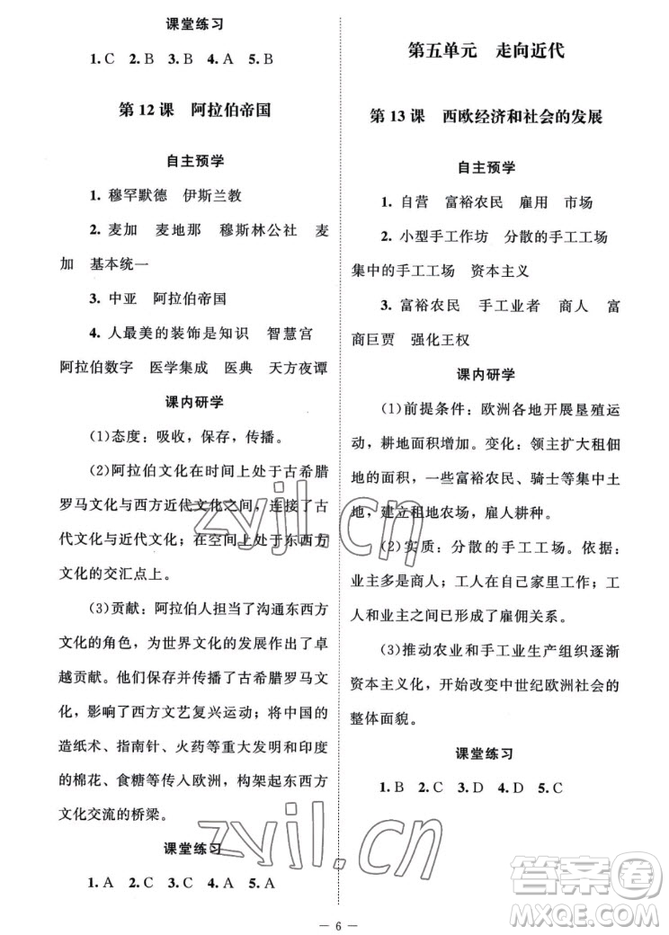 北京師范大學出版社2022秋課堂精練世界歷史九年級上冊江蘇專版答案