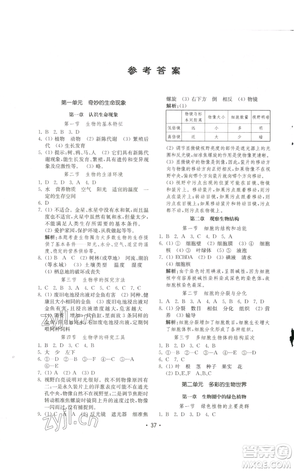 山東教育出版社2022初中基礎訓練七年級上冊生物學人教版參考答案