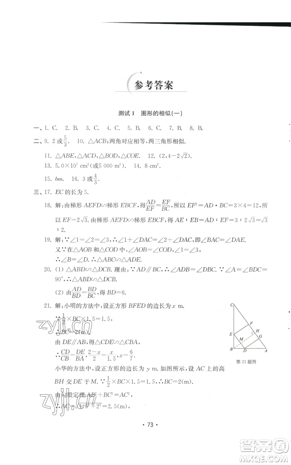 山東教育出版社2022初中基礎(chǔ)訓(xùn)練九年級上冊數(shù)學(xué)人教版參考答案