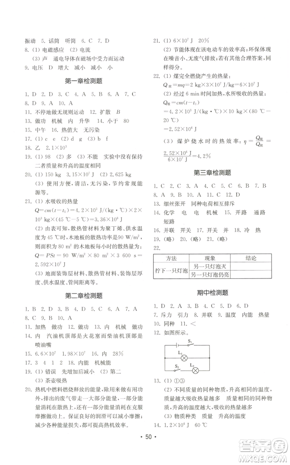 山東教育出版社2022初中基礎(chǔ)訓(xùn)練九年級上冊物理人教版參考答案