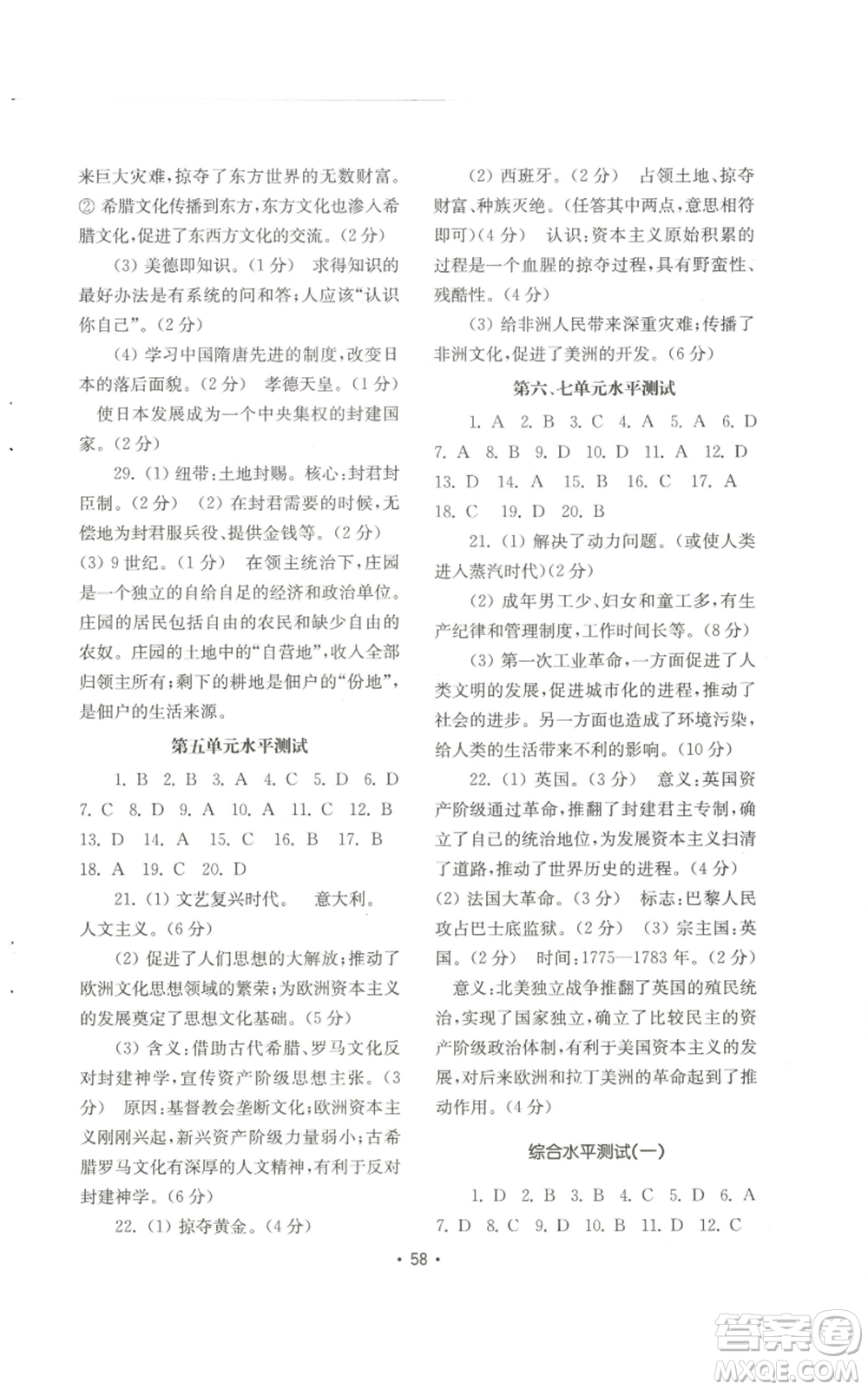山東教育出版社2022初中基礎(chǔ)訓(xùn)練九年級上冊世界歷史人教版參考答案