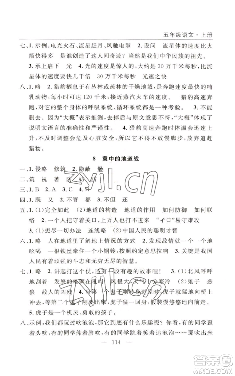 長江少年兒童出版社2022優(yōu)質(zhì)課堂快樂成長五年級(jí)上冊語文人教版參考答案