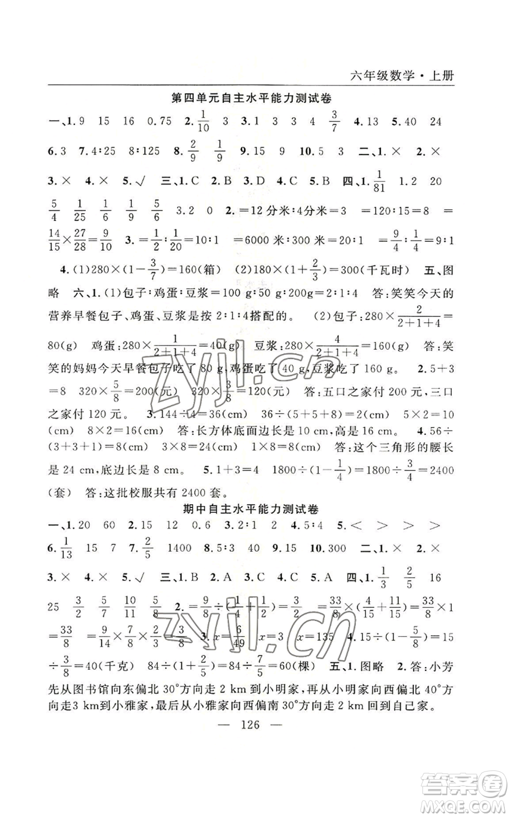 長(zhǎng)江少年兒童出版社2022優(yōu)質(zhì)課堂快樂成長(zhǎng)六年級(jí)上冊(cè)數(shù)學(xué)人教版參考答案