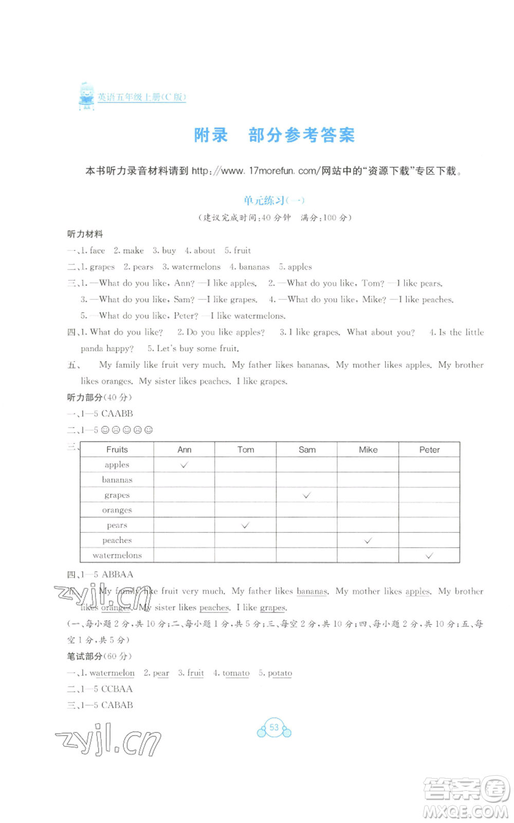 廣西教育出版社2022秋季自主學習能力測評單元測試五年級上冊英語通用版C版參考答案