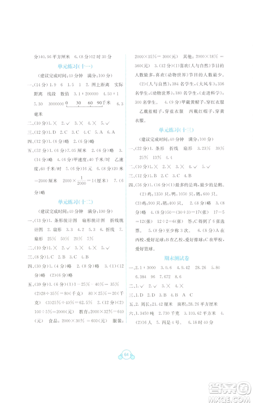 廣西教育出版社2022秋季自主學(xué)習(xí)能力測評單元測試六年級上冊數(shù)學(xué)人教版C版參考答案