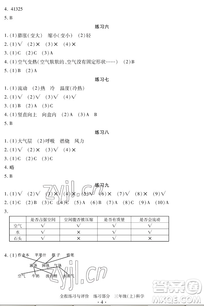 浙江人民出版社2022秋全程練習(xí)與評價三年級上冊科學(xué)教科版答案