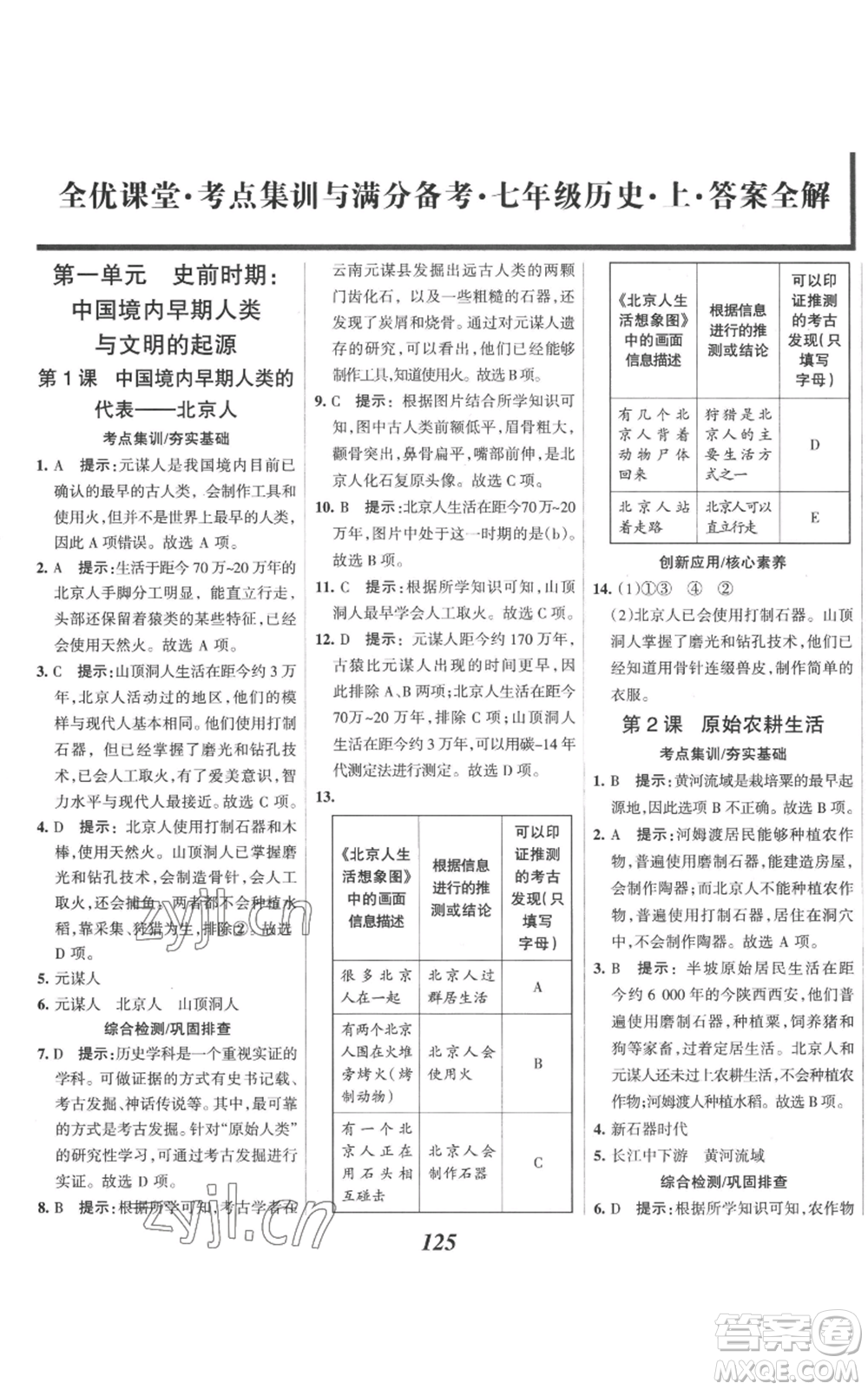 云南科技出版社2022全優(yōu)課堂考點(diǎn)集訓(xùn)與滿分備考七年級上冊歷史人教版參考答案