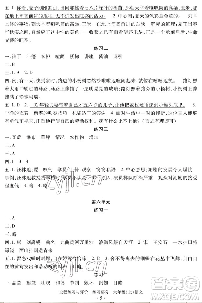 浙江人民出版社2022秋全程練習與評價六年級上冊語文人教版答案
