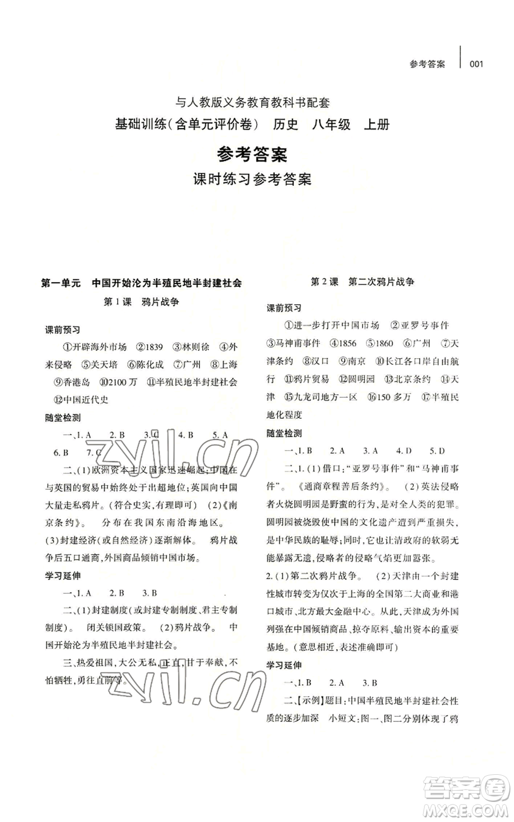 大象出版社2022基礎(chǔ)訓(xùn)練八年級上冊歷史人教版參考答案