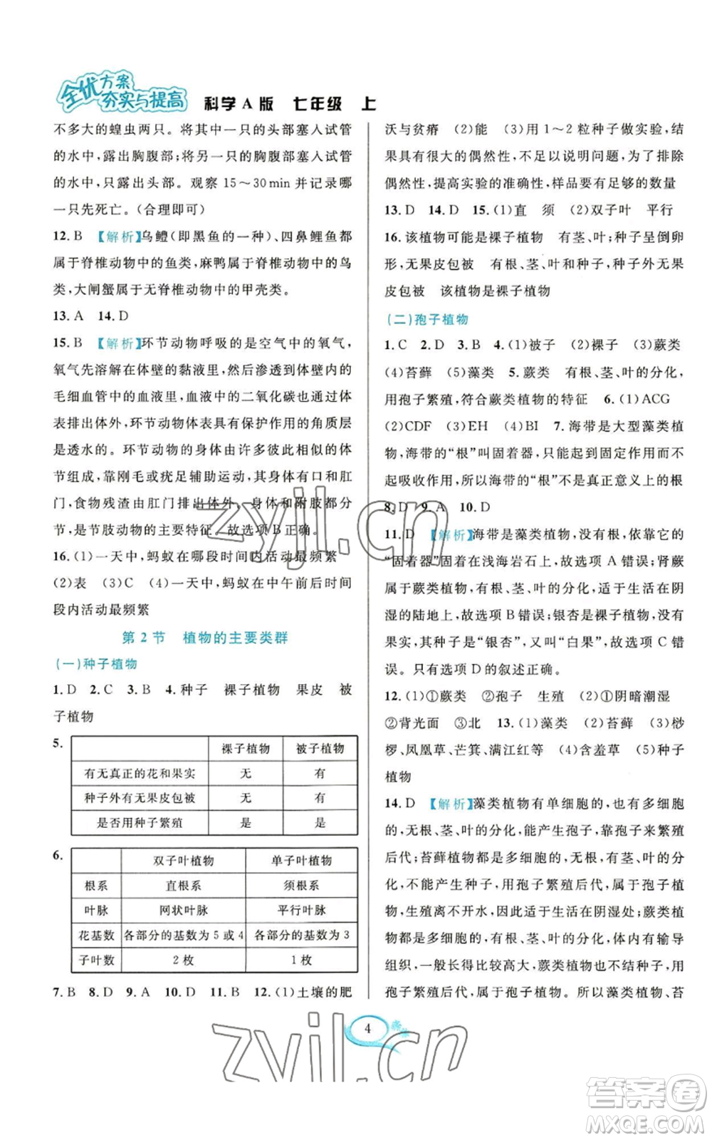 華東師范大學(xué)出版社2022全優(yōu)方案夯實與提高七年級上冊科學(xué)華東師大版A版參考答案