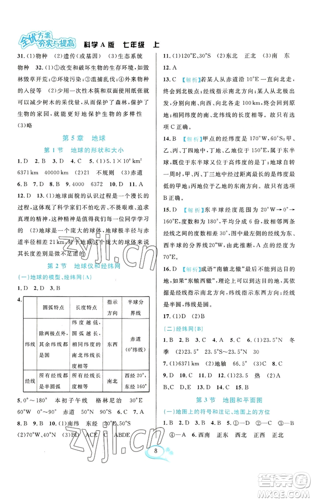 華東師范大學(xué)出版社2022全優(yōu)方案夯實與提高七年級上冊科學(xué)華東師大版A版參考答案