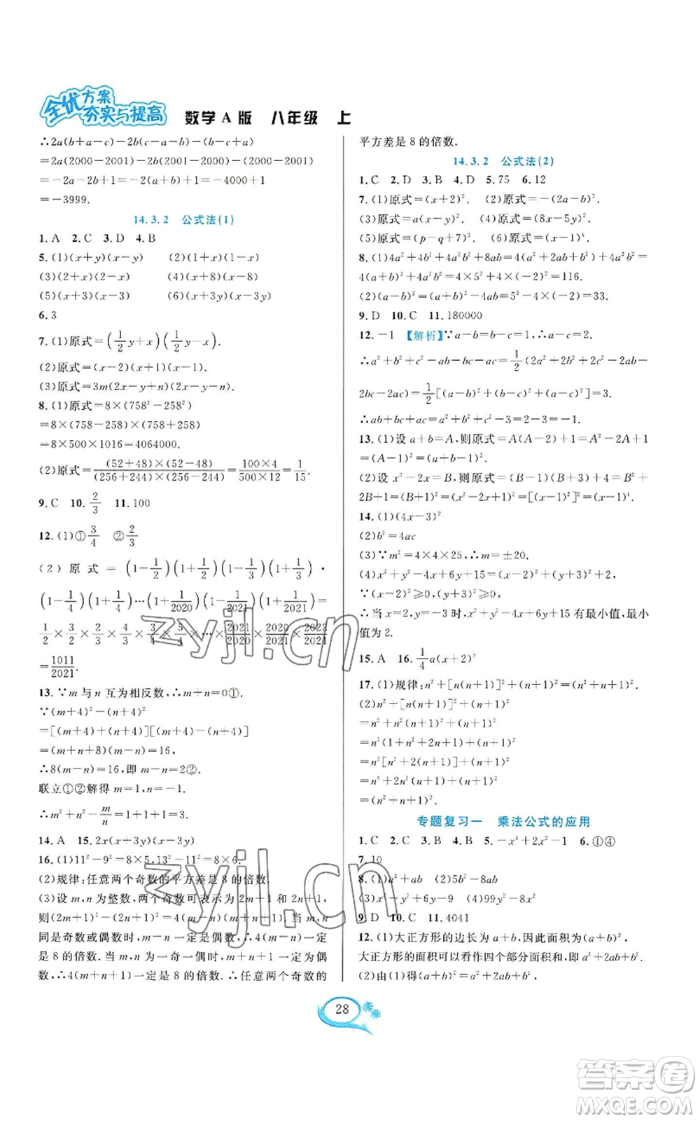 華東師范大學出版社2022全優(yōu)方案夯實與提高八年級上冊數(shù)學人教版A版參考答案