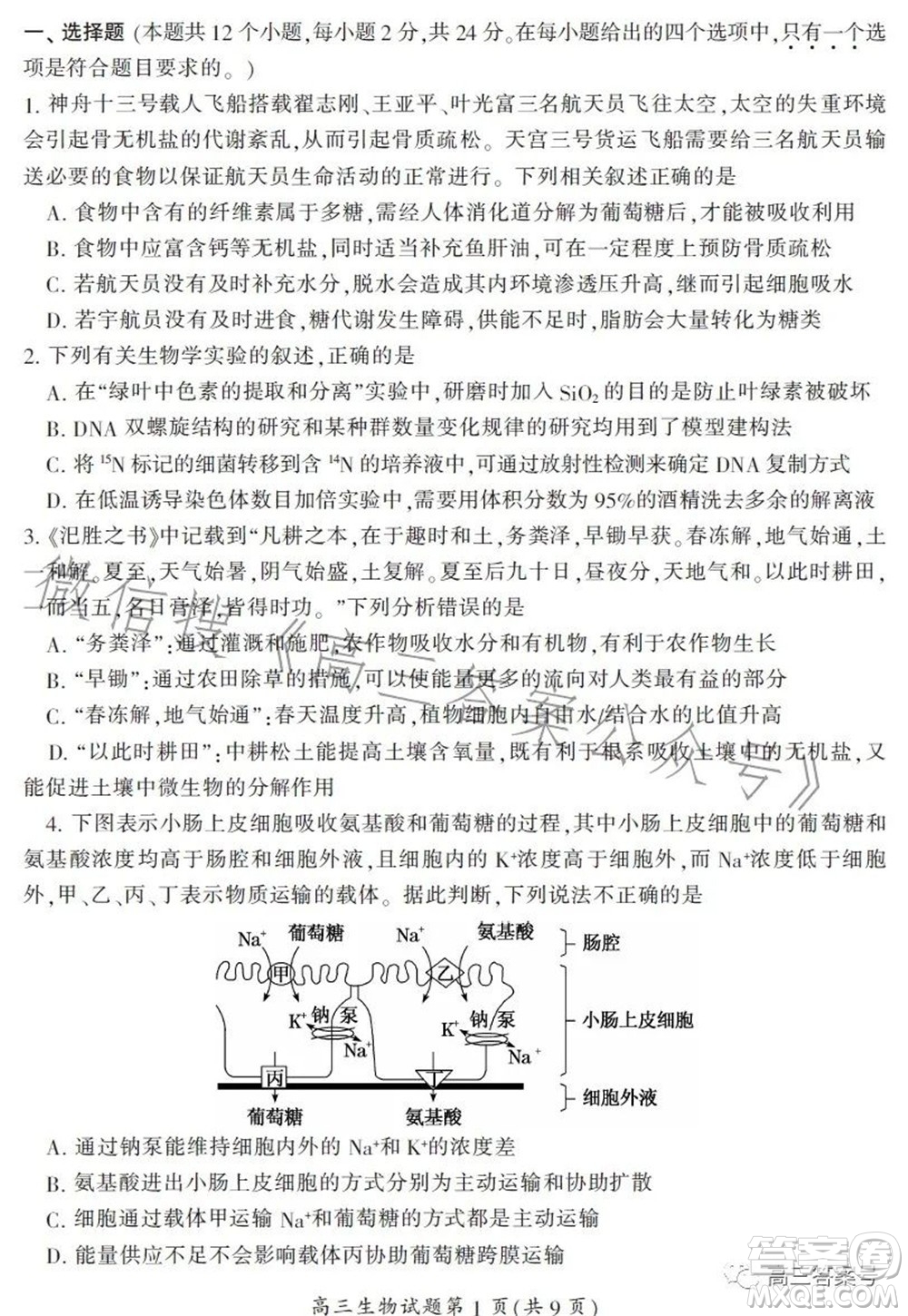 郴州市2023屆高三第一次教學(xué)質(zhì)量監(jiān)測試卷生物試題及答案