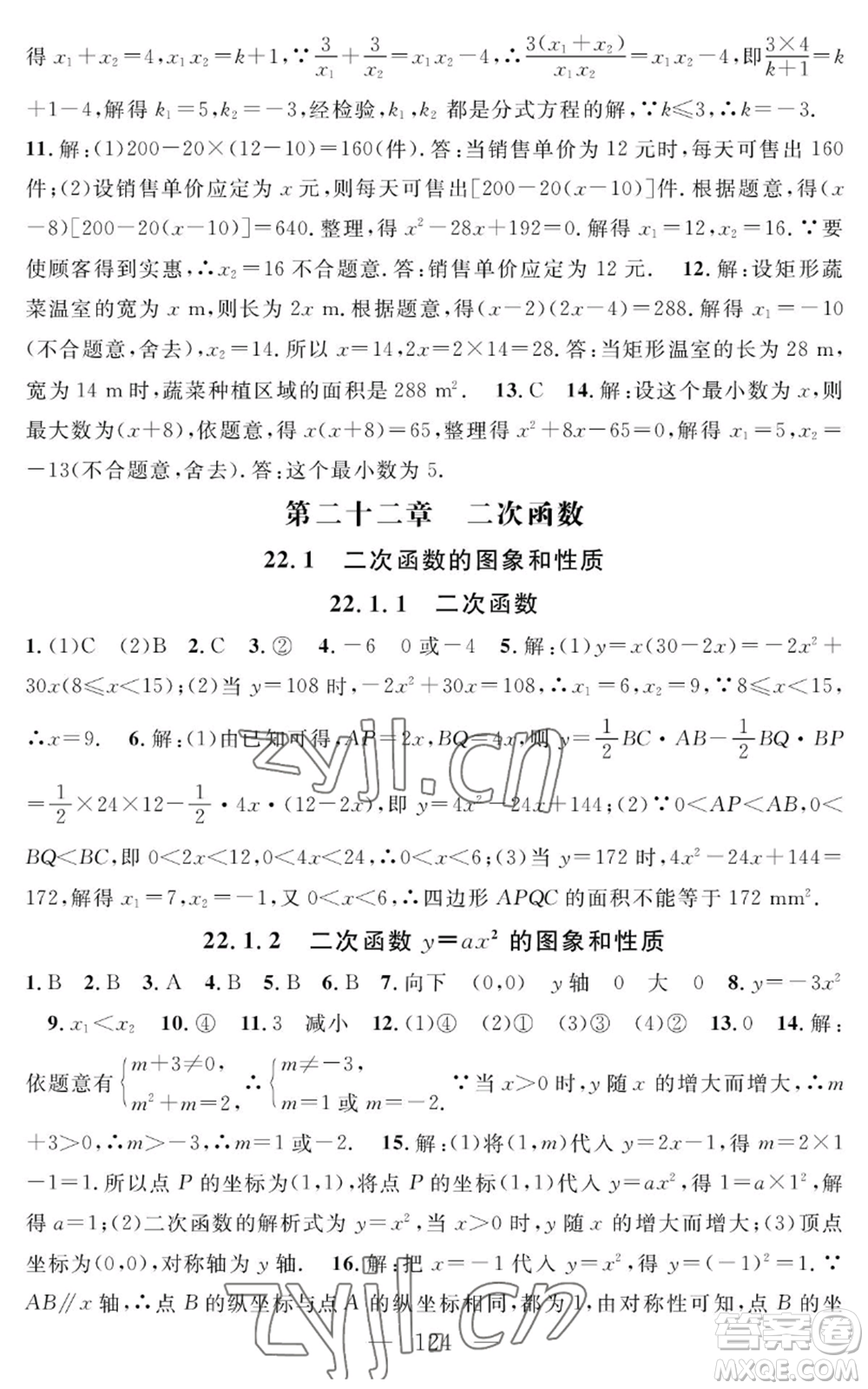 長(zhǎng)江少年兒童出版社2022智慧課堂創(chuàng)新作業(yè)九年級(jí)上冊(cè)數(shù)學(xué)人教版參考答案