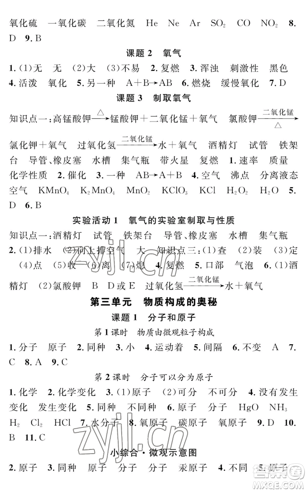 長江少年兒童出版社2022智慧課堂創(chuàng)新作業(yè)九年級上冊化學人教版參考答案