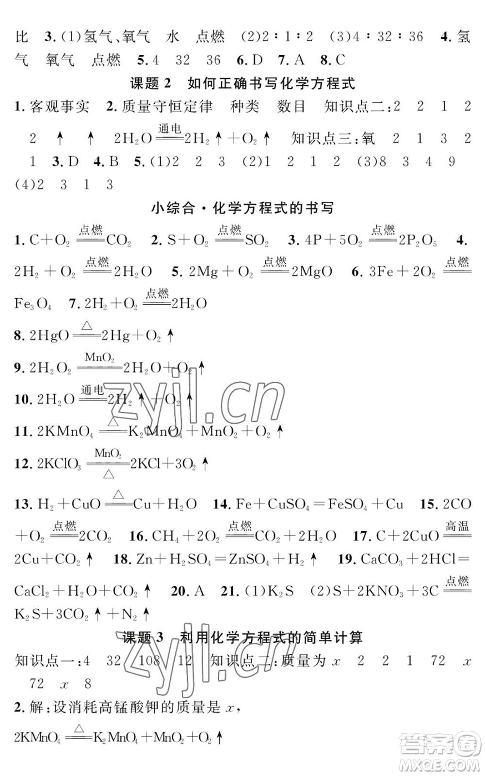 長江少年兒童出版社2022智慧課堂創(chuàng)新作業(yè)九年級上冊化學人教版參考答案