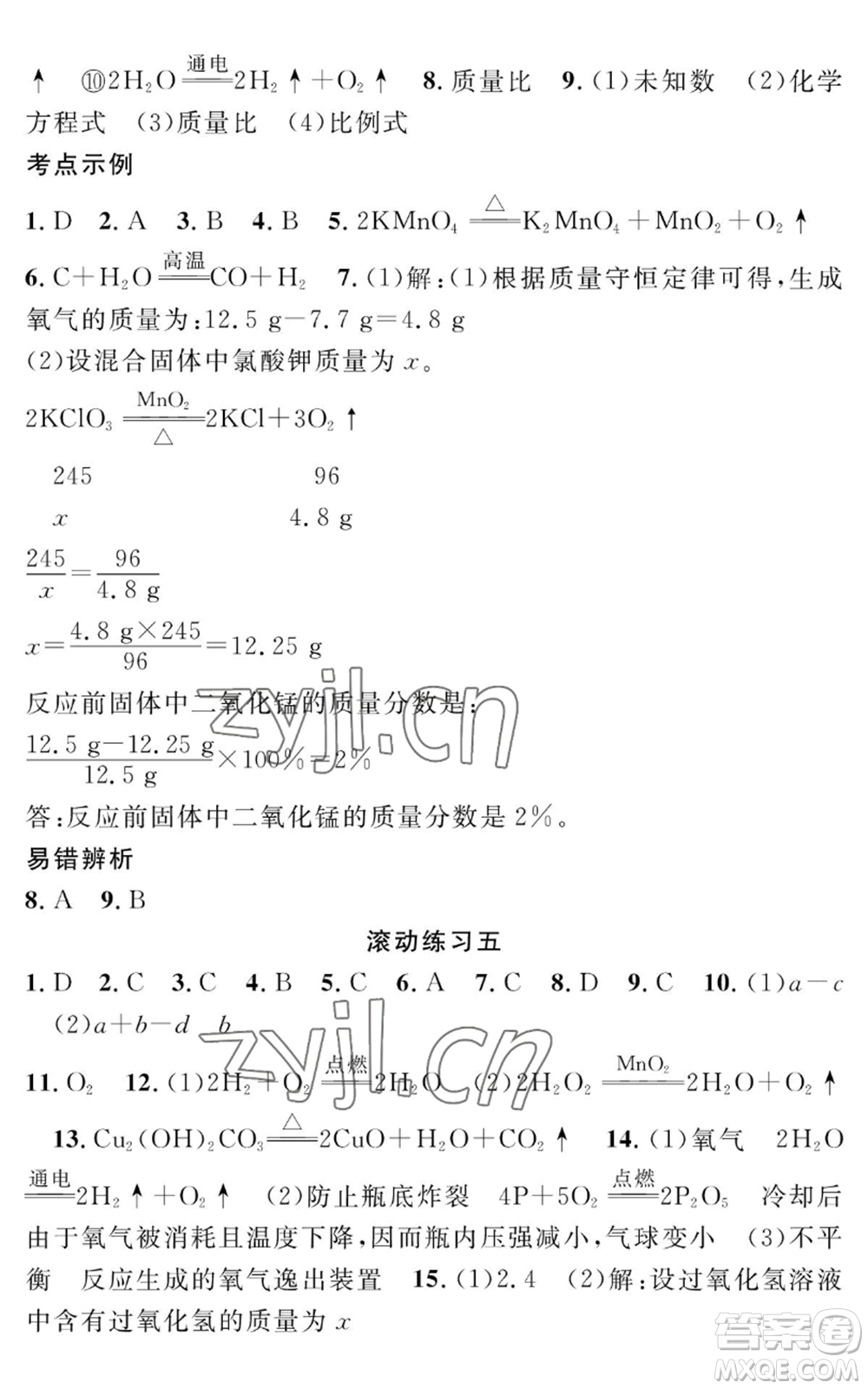 長江少年兒童出版社2022智慧課堂創(chuàng)新作業(yè)九年級上冊化學人教版參考答案