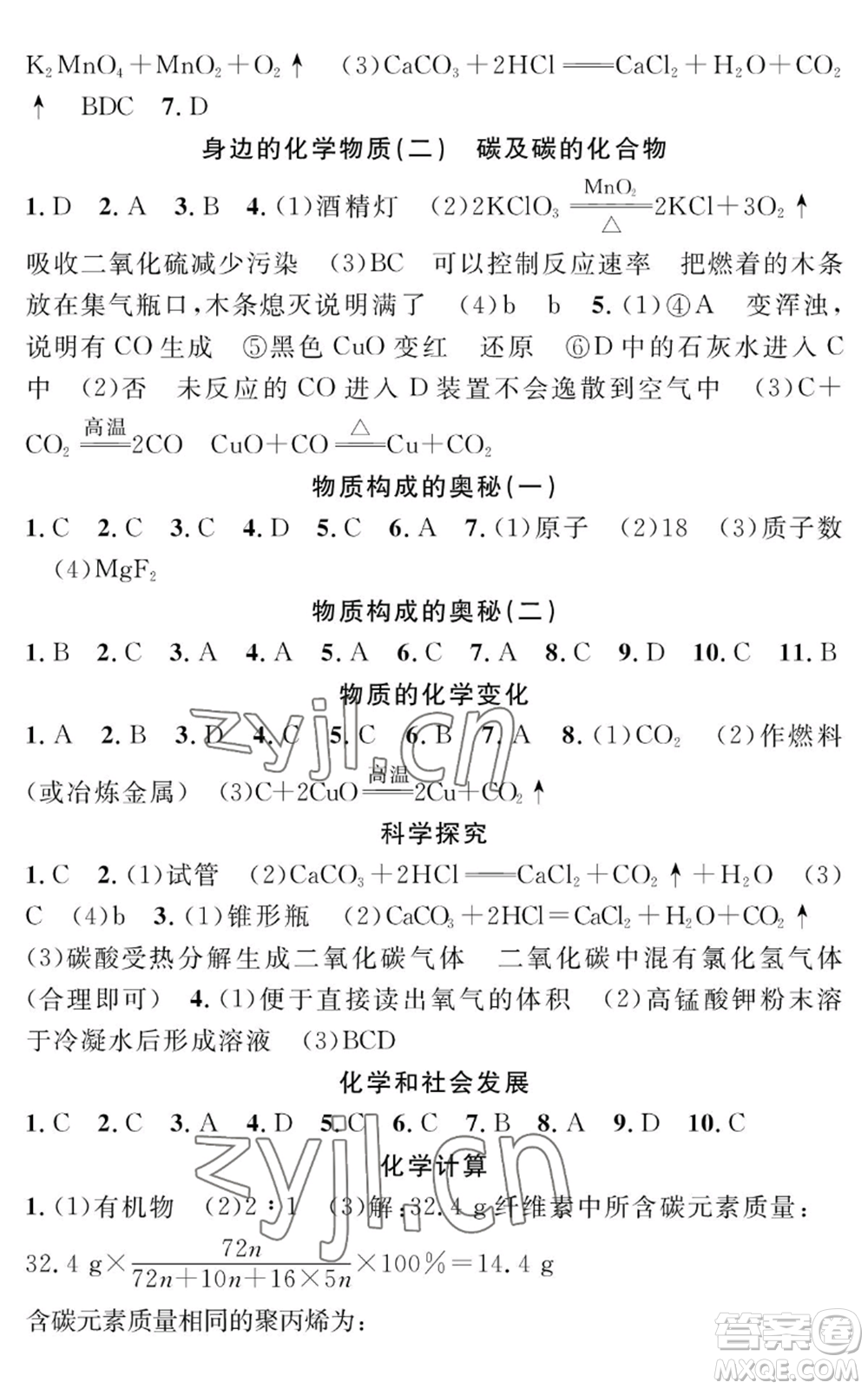 長江少年兒童出版社2022智慧課堂創(chuàng)新作業(yè)九年級上冊化學人教版參考答案