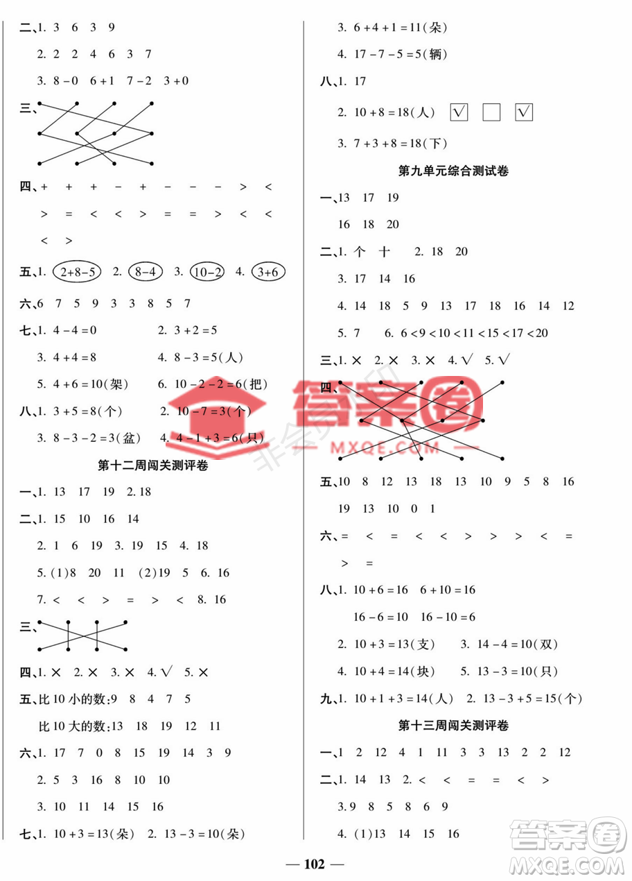 天津科學技術出版社2022狀元大考卷一年級數學上冊蘇教版答案